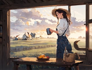 masterpiece, top quality, high definition, artistic composition, one girl, work clothes, denim apron, straw hat, driving red tractor, farmstead, morning, morning mist, backlight, dramatic, striking light, sleepy, southern belle, tower silo, pasture