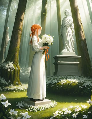 Masterpiece, Top Quality, High Definition, Artistic Composition, One girl, holding a bouquet of white flowers, from the side, dirty and coarse clothes, orange ribbon, looking away, statue of a brave man on moss, in the forest, light shining, striking light, dramatic, fantasy