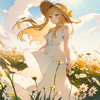 Masterpiece, top quality, high definition, artistic composition, 1 girl, chamomile field, white dress, straw hat, squinting and smiling, from below, looking away, straw hat held down by hand, spinning, bold composition, beautiful light