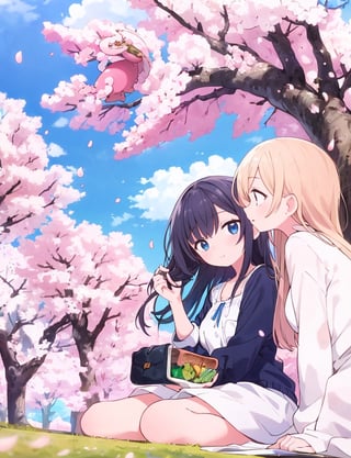 Masterpiece, Top Quality, High Definition, Artistic Composition, Two Girls, Large Cherry Trees, Cherry Blossoms In Full Bloom, Blue Sky, Impressive Clouds, Sitting On Ground, Sitting Sideways, Lunch Box, Having A Conversation, Looking Up At Sky, Looking Down, Wide Sky, Distant View, Casual Wear, Japanese Countryside,best quality,masterpiece