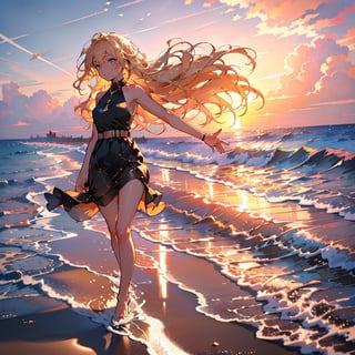 Masterpiece, top quality, high definition, artistic composition, 1 woman, running on the beach, frolicking, smiling, looking away, blonde hair blowing in the wind, feminine gesture, from the side, sandy beach, sunset, golden sea, beautiful light, striking, high contrast