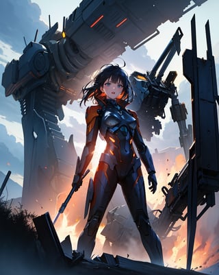 (masterpiece, top quality), high definition, artistic composition, 1 girl, standing on cliff, driver suit, from below, right hand reaching up, looking away, backlit, powerful, screaming, bold composition,
Giant super robot wreckage smoking in background