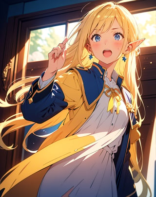 (masterpiece, top quality), high definition, artistic composition, 1 girl, elf, navy blue jacket, cream yellow shirt, gold earrings, blonde hair, long hair, big blue ribbon, disgusted face, scared, mouth open, face turned away, looking sideways, waving hands, fantasy, cartoon, from front, sweat