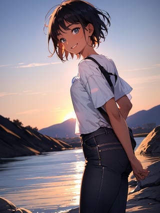 Masterpiece, best quality, 1 girl, boyish, short hair, white t-shirt, black jeans, smiling, sunset background, riverbed, high definition, arms behind head, pleasant, side view composition, sports bag, wind blowing