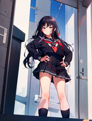 Masterpiece, Top Quality, 1 girl, black sailor suit, school uniform, school uniform, urban, standing with legs spread, smirking, hands on hips, high definition, from below, Japan