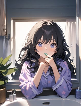 (Masterpiece, Top Quality), High Definition, Artistic Composition, 1 girl, pajamas, brushing her teeth at the sink, looking up, fringe bothering her, hand touching her fringe, looking at herself in the mirror, shaggy hair, wavy hair, morning, portrait, black hair