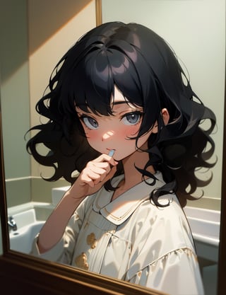 (masterpiece, top quality), high definition, artistic composition, 1 girl, pajamas, brushing teeth at sink, looking up, fringe bothering her, hand touching fringe, looking at self in mirror, shaggy hair, wavy hair, morning, portrait, black hair, noh, relaxed