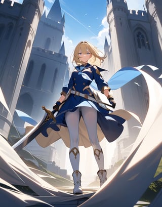 Masterpiece, Top Quality, High Definition, Artistic Composition,1 girl, blue sailor-like battle dress, stylish sword at the ready, wind blowing, clear sky, long light blue hair, gold hair ornament, warrior, fantasy, white tights, long white boots, old castle, bold composition