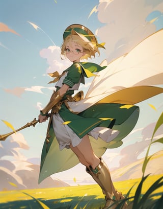 Masterpiece, Top Quality, High Definition, Artistic Composition,1 girl, green sailor-like battle dress, holding stylish spear, wind blowing, green meadow, short blond hair, gold-rimmed round glasses, warrior, fantasy, white and gold boots, bold composition, smiling,photograph,girl