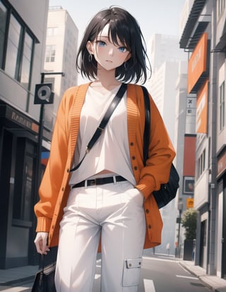 (Masterpiece, Top Quality), High Definition, Artistic Composition, 1 Woman, White Shirt, Blue Wide Pants, Orange Cardigan, Black and White Street Scene, Casual Fashion, Portrait,girl