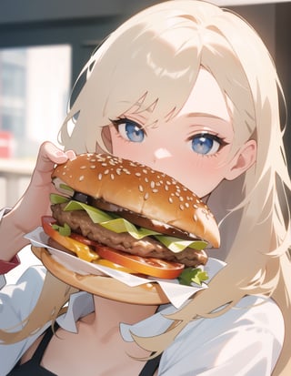 Masterpiece, Top Quality, High Definition, Artistic Composition,1 girl, offering hamburger in hand, close-up of hamburger, smiling, hamburger store, date, POW, realistic hamburger, portrait