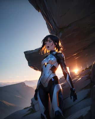 (masterpiece, top quality), high definition, artistic composition, 1 girl, standing on cliff, driver suit, from below, right hand reaching up, looking away, backlit, powerful, screaming, bold composition