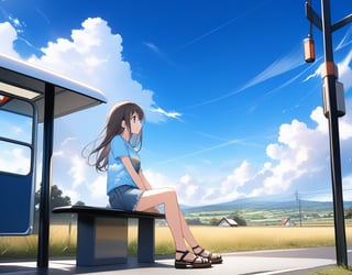 Masterpiece, Top Quality, High Definition, Artistic Composition,1 girl, sitting, looking away, printed T-shirt, denim mini skirt, sandals, Japanese countryside, bus stop, blue sky, incoming clouds, summer, wide shot,breakdomain,girl