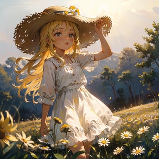 Masterpiece, top quality, high definition, artistic composition, 1 girl, chamomile field, white dress, straw hat, squinting and smiling, from below, looking away, straw hat held down by hand, spinning, bold composition, beautiful light