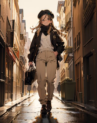 Masterpiece, Top Quality, High Definition, Artistic Composition, One girl, walking down the street, front view, looking away, smiling, round frame glasses, black beret, olive jacket, white knit, brown pants, khaki sneakers, casual, portrait, monotone street scene, French style, Low Saturation.