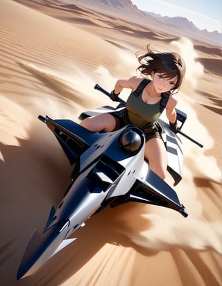 Masterpiece, Top Quality, High Definition, Artistic Composition,1 girl, girl on tank with arms and legs, battle dress, realistic weapon, desert, galloping, composition from above, Dutch angle, dust cloud