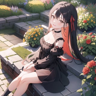 Masterpiece, Top Quality, High Definition, Artistic Composition,1 girl, black dress, red ribbon, choker, smiling, sitting on stone brick, from front, spread legs, hand between legs, from above, English garden, surrounded by colorful flowers