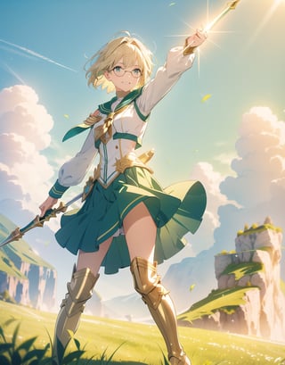 Masterpiece, Top Quality, High Definition, Artistic Composition,1 girl, green sailor-like battle dress, holding stylish spear, wind blowing, green meadow, short blond hair, gold-rimmed round glasses, warrior, fantasy, white and gold boots, bold composition, smiling,photograph