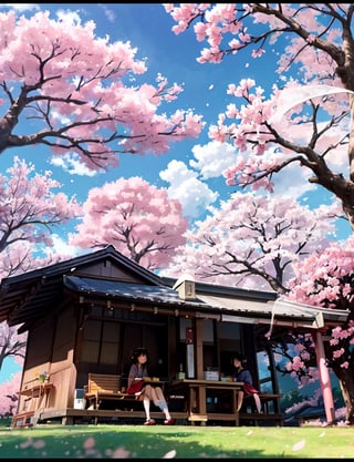 Masterpiece, top quality, high definition, artistic composition, two girls, big cherry blossom tree, cherry blossoms in full bloom, blue sky, impressive clouds, leisure seat, sitting on ground, lunch box, having conversation, looking up at sky, Japanese countryside, from below, wide sky, wide shot