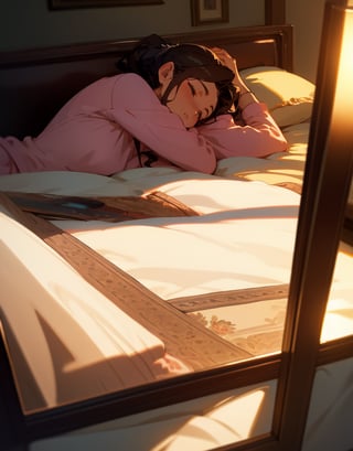 Masterpiece, Top Quality, High Definition, Artistic Composition,1 girl, living room, sleeping with face on table, (retro radio on table), sleeping with eyes closed, warm light, loungewear, hair tied back, pleasant