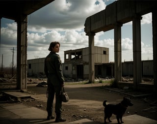 masterpiece, top quality, artistic composition, realistic, 1 girl, fallout, VOLT suit, 1950s American residential neighborhood, ruins, post-nuclear war world, wide shot, bold composition, apocalypse, 1960s science fiction, dirty, filthy, decaying car, back view, vast ruins, retro feel, with shepherd dog, striking light, dramatic,Masterpiece,<lora:659111690174031528:1.0>