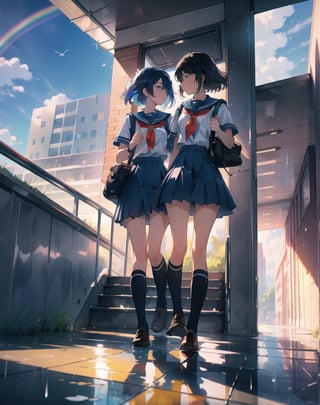 Masterpiece, Top Quality, High Definition, Artistic Composition, 2 Girls, Walking, High School, Uniform, Summer Uniform, School Walk, Stairs, Sideways, Talking, Looking Away, Big Waving, Student Bag, Blue Sky, After Rain, Big Rainbow, Beautiful Light, Dramatic