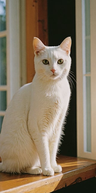 (Documentary photograph:1.3) of a white female cat, standing on a wooden window sill, indoor, ultra realistic, games of shadows, vintage aesthetics, (photorealistic:1.3), front view, well-lit, (shot on Hasselblad 500CM:1.4), (close-up on face:1.4), Fujicolor Pro film, in the style of Helmut Newton, (photorealistic:1.3), highest quality, detailed and intricate, original shot,