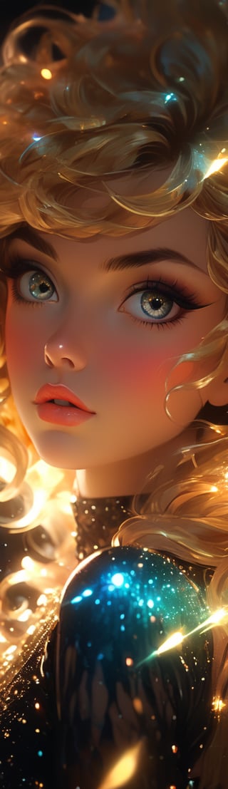 realistic beautiful young (Dazzler by Conrad Roset, Nicola Samori), (purposefully beautiful:1.4), (1920s pinup girl, large eyes, cute face, long hair, golden hair), highly detailed, vibrant, production cinematic character render, ultra high quality model, (Full HD render + immense detail + dramatic lighting), (light particles, lens flare:1.3), (view from below:1.5),