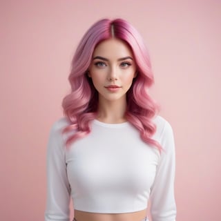 Create an instagram model, ultra realistic cute young woman, full body waving to her followers, symmetrical face, symmetrical body, symmetrical pose, pink hair, white background, Sony A7R IV, film photography, hyper realistic, sharp focus, natural lighting with subsurface dispersion. f/2 aperture, 35mm focal length, film grain. High quality image and great detail, 8k resolution.