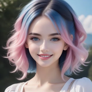 (Half-length image of a teenage girl: 1.4), (with pink and blue hair: 1.3), (pink, blue hair: 1.2), stunning fantasy 3D rendering, toothy smile, (blue eyes: 1.4), ( pale white skin: 1.4), upper body, (1 teen girl: 1.4), (beautiful blue eyes: 1.4), two tone glamorous hairstyle, forbidden beauty, hyperreal, flutter cute aesthetic, detailed human, curly hair, exceptionally beautiful, dating app icon, high quality and high detail, 8k image.