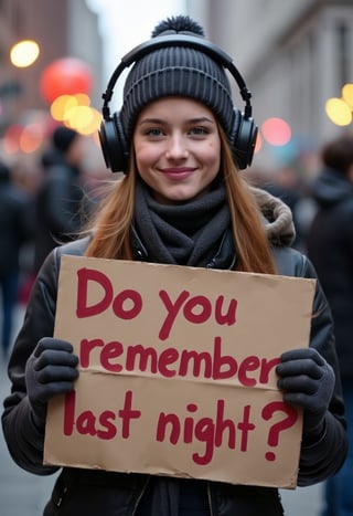 Beautiful 25 year old girl wearing winter hat and headphones, outside in Buffalo, holding cardboard sign with the following text written with lipstick "Do you remember last night?"