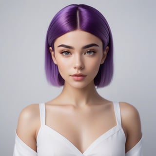 Create ultra-realistic miquela avatar, full body, symmetrical face, symmetrical body, symmetrical pose, violet hair, white background, Sony A7R IV, film stock photography, hyper-realistic, sharp focus, natural lighting with sub-surface dispersion. f/2 aperture, 50mm focal length, film grain. High quality image and great detail, 8k resolution.