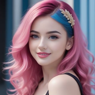 (Movie camera captures all her beauty), (Half-length image of a teenage girl: 1.4), (with bright pink and blue hair: 1.4), (pink, bright blue hair: 1.4), stunning Fantasy 3D rendering, smile, (blue eyes: 1.4), (pale white skin: 1.4), upper body, (1 teen girl: 1.4), (beautiful blue eyes: 1.4) , glamorous two tone hairstyle, forbidden beauty, hyperreal, cute flutter aesthetic, detailed human, curly hair, exceptionally beautiful, dating app icon, high quality and high detail, hyperrealistic, sharp focus, natural lighting with subsurface scattering. f/2 aperture, 35mm focal length, film grain. High quality image and great detail, 8k resolution.