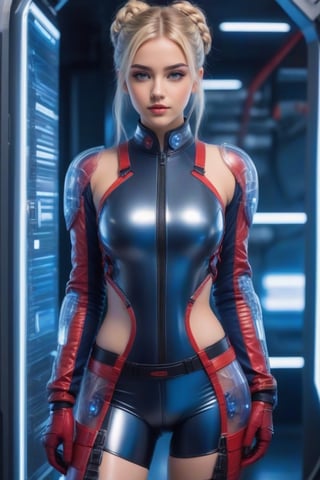 Blonde hair braided and tied back in a bun, forbidden beauty, cute 20 year old girl with her hands behind her back, (shown standing and looking straight ahead: 1.4), cyborg girl, LED mechanics, motherboard, ultra-detailed translucent plastic suit mixed with red and navy blue leather, (the beautiful suit reveals her beautiful legs and waist: 1.3), she wears gloves on her translucent plastic hands, futuristic.