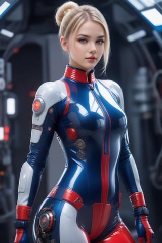 Blonde hair tied in a bun, forbidden beauty, cute 20 year old girl with her hands behind her back, shown standing and facing forward, cyborg girl, led mechanics, motherboard, ultra-detailed translucent plastic suit mixed with red and navy blue leather, the beautiful suit reveals her beautiful legs, she wears gloves on her translucent plastic hands, futuristic.