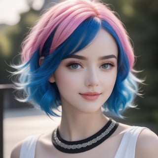 (Movie camera captures all her beauty), (Half-length image of a teenage girl: 1.4), (with bright pink and blue hair: 1.4), (pink, bright blue hair: 1.4), stunning Fantasy 3D rendering, smile, (blue eyes: 1.4), (pale white skin: 1.4), upper body, (1 teen girl: 1.4), (beautiful blue eyes: 1.4) , glamorous two tone hairstyle, forbidden beauty, hyperreal, cute flutter aesthetic, detailed human, curly hair, exceptionally beautiful, dating app icon, high quality and high detail, hyperrealistic, sharp focus, natural lighting with subsurface scattering. f/2 aperture, 35mm focal length, film grain. High quality image and great detail, 8k resolution.