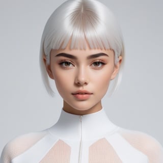 Create ultra-realistic miquela avatar, from the waist up, symmetrical face, symmetrical body, symmetrical pose, white hair, white background, Sony A7R IV, film stock photography, hyper-realistic, sharp focus, natural lighting with sub-surface dispersion. f/2 aperture, 35mm focal length, film grain. High quality image and great detail, 8k resolution.