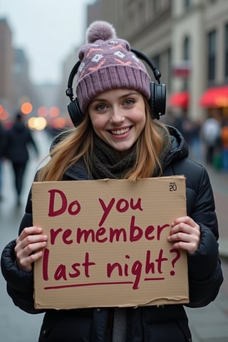 Beautiful 25 year old girl wearing winter hat and headphones, outside in Buffalo, holding a cardboard sign with the following text written in lipstick: "Do you remember last night?"