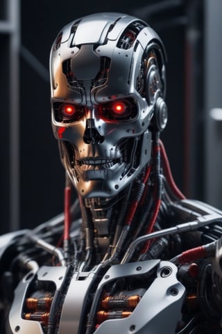  (Ultra realistic full body image: 1.4), A highly detailed and intricate full-body robotic cyborg figure, (Cyborg: 1.4), (The Terminator cyborg face of terror: 1.4), predominantly black in color, shows a complex design with numerous components, wires, and mechanical parts. The Cyborg appears to be made from a combination of metal and plastic, with red accents. The background is blurred, emphasizing the cyborg as the main subject., with a high level of quality and depth showing detailed texture and vibrant colors, artistic concept art with fine, chaotic brush, CGI, FVX, strokes, cyborg Canon EOS R3, Nikon, f/1.4, ISO 200, 1/160 sec, 8K, RAW, unedited, symmetrical balance, in frame, 8K",,