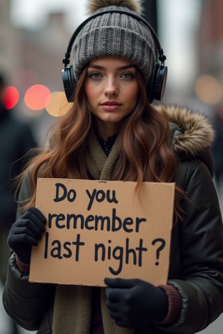 Beautiful 25 year old girl with winter hat and headphones, (full body: 1.3), (Forbidden Beauty), outside in Buffalo, holding a cardboard sign with the following text written with a lipstick "Do you remember last night?"