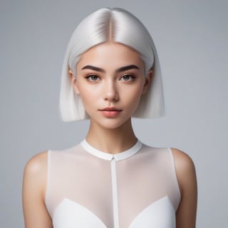 Create ultra-realistic miquela avatar, full body, symmetrical face, symmetrical body, symmetrical pose, white hair, white background, Sony A7R IV, film stock photography, hyper-realistic, sharp focus, natural lighting with sub-surface dispersion. f/2 aperture, 35mm focal length, film grain. High quality image and great detail, 8k resolution.