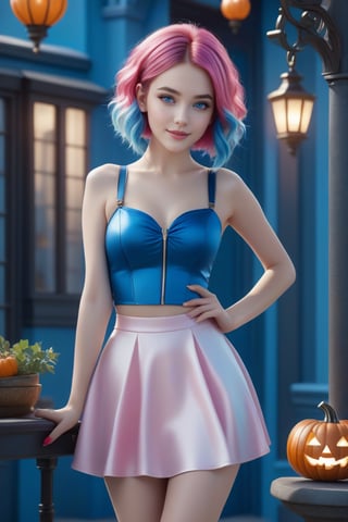 (The movie camera captures all her beauty), (Full body image of a teenage girl: 1.4), (with bright pink and blue hair: 1.4), (pink, bright blue hair: 1.4), (her hands are perfect and beautiful: 1.4) Stunning fantasy 3D rendering, smile, (blue eyes: 1.4), (pale white skin: 1.4), (A beautiful young woman dressed to celebrate Halloween, every detail is captured with astonishing realism , the beautiful young woman is the protagonist of a Hollywood movie), (1 teen girl: 1.4), (beautiful blue eyes: 1.4), glamorous two-tone hairstyle, forbidden beauty, hyperreal, cute flutter aesthetic, detailed human, hair curly, exceptionally beautiful, dating app with icons, high quality and high level of detail, hyper-realistic, sharp focus, natural lighting with subsurface scattering. f/2 aperture, 35mm focal length, film grain. High quality image and great detail, 8k resolution.