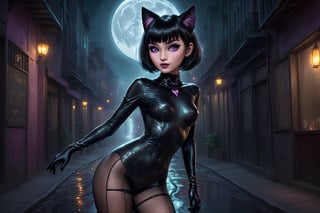 In a moon lit, fog filled alley at night, a captivating figure prowls. A masterfully crafted  artwork presents a stunningly beautiful woman, with an exquisite gaze, adorned with short black hair styled in bangs and a fringe. Big round eyes, fringed by very long eyelashes, seem to lock onto the viewer with a seductive smile. The subject's slender physique is draped in a sleek black catsuit and fishnet tights, complete with cat ears, whiskers, and a tiny black collar. Her small breasts and petite backside are subtly accentuated as she poses, her glowing eyes shining like beacons in the darkness. The overall tone exudes an air of cute innocence, radiating playfulness and adorability as she leans on a lamppost amidst the foggy alley's mysterious ambiance.