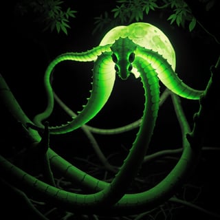 Shot from a low angle, capturing the eerie ambiance of a moonlit swamp. A twisted, pulsating emerald giant green squid emerges from the murky waters, its tendrils squirming like snakes as it slowly ascends onto dry land. The surrounding foliage is dark and foreboding, with only the occasional flicker of fireflies breaking the inky blackness. The blob's luminescent glow illuminates the surroundings, casting an otherworldly sheen on the scene.