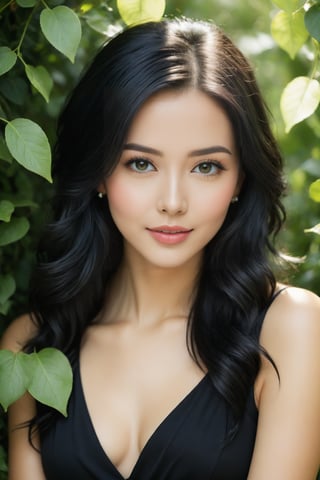 A young woman with piercing green cat-like eyes and chin-length, jet-black hair sits amidst a lush, verdant backdrop. Leaves and vines wrap around her, as if embracing her. The soft focus and warm lighting accentuate the subject's serene expression.