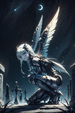 A tiny petite cyborg angel glows with a bright white light, with her metallic wings spread wide, crouching atop a weathered gravestone in a Gothic graveyard at dusk. She looks directly at the viewer, smiling slightly.  The night sky above is a deep shade of indigo, punctuated by stars and a crescent moon. High-contrast lighting highlights the girl's mechanical features and the intricate carvings on the tombstone. The camera captures her full body from a dynamic angle, emphasizing her delicate form against the ominous backdrop.