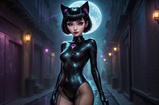 In a moon lit, fog filled alley at night, a captivating figure prowls. A masterfully crafted  artwork presents a stunningly beautiful woman, with an exquisite gaze, adorned with short black hair styled in bangs and a fringe. Big round eyes, fringed by very long eyelashes, seem to lock onto the viewer with a seductive smile. The subject's slender physique is draped in a sleek black catsuit and fishnet tights, complete with cat ears, whiskers, and a tiny black collar. Her small breasts and petite backside are subtly accentuated as she poses, her glowing eyes shining like beacons in the darkness. The overall tone exudes an air of cute innocence, radiating playfulness and adorability as she lurks amidst the foggy alley's mysterious ambiance.