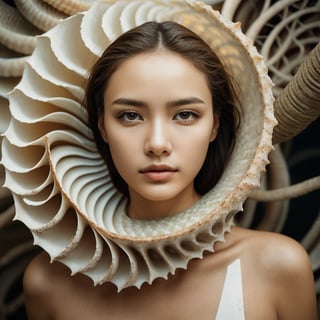 Realistic 16K resolution photography of from the base of the Nautilus shell's root-like structures along its twisted form to the tip of its spiral structure. Each image should capture the intricate details and textures present in this artwork while maintaining the surreal quality of combining marine and terrestrial elements, natural colored, accent on the face,
break, 
1 girl, Exquisitely perfect symmetric very gorgeous face, Exquisite delicate crystal clear skin, Detailed beautiful delicate eyes, perfect slim body shape, slender and beautiful fingers, nice hands, perfect hands, illuminated by film grain, realistic skin, dramatic lighting, soft lighting, exaggerated perspective of ((wide angle lens depth)),