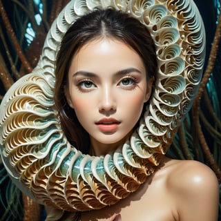 Realistic 16K resolution photography of from the base of the Nautilus shell's root-like structures along its twisted form to the tip of its spiral structure. Each image should capture the intricate details and textures present in this artwork while maintaining the surreal quality of combining marine and terrestrial elements, natural colored, accent on the face,
break, 
1 girl, Exquisitely perfect symmetric very gorgeous face, Exquisite delicate crystal clear skin, Detailed beautiful delicate eyes, perfect slim body shape, slender and beautiful fingers, nice hands, perfect hands, illuminated by film grain, realistic skin, dramatic lighting, soft lighting, exaggerated perspective of ((wide angle lens depth)),