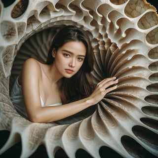 Realistic 16K resolution photography of from the base of the Nautilus shell's root-like structures along its twisted form to the tip of its spiral structure. Each image should capture the intricate details and textures present in this artwork while maintaining the surreal quality of combining marine and terrestrial elements, natural colored, accent on the face,
break, 
1 girl, Exquisitely perfect symmetric very gorgeous face, Exquisite delicate crystal clear skin, Detailed beautiful delicate eyes, perfect slim body shape, slender and beautiful fingers, nice hands, perfect hands, illuminated by film grain, realistic skin, dramatic lighting, soft lighting, exaggerated perspective of ((wide angle lens depth)),